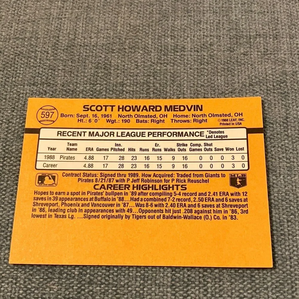 1989 Donruss Pittsburgh Pirates Baseball Card Trading Card